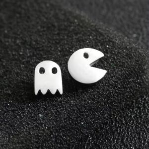 Silver Stainless Steel Pac Man Mismatch Earrings Set